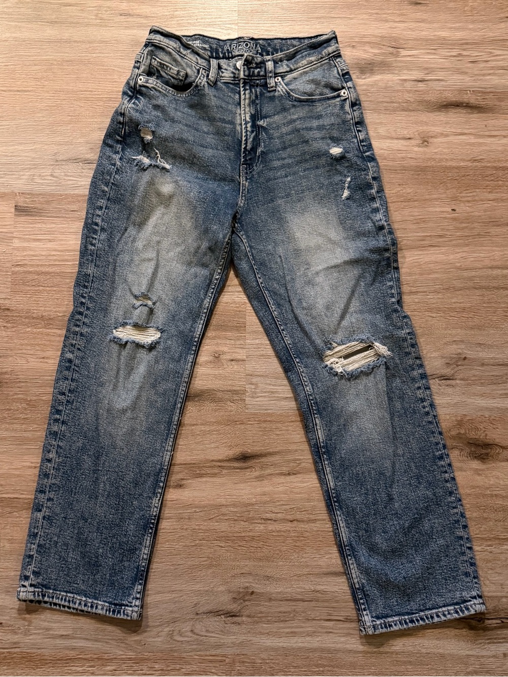 Arizona Jean Company Distressed High Rise Vintage Straight Jeans - Faded Blue